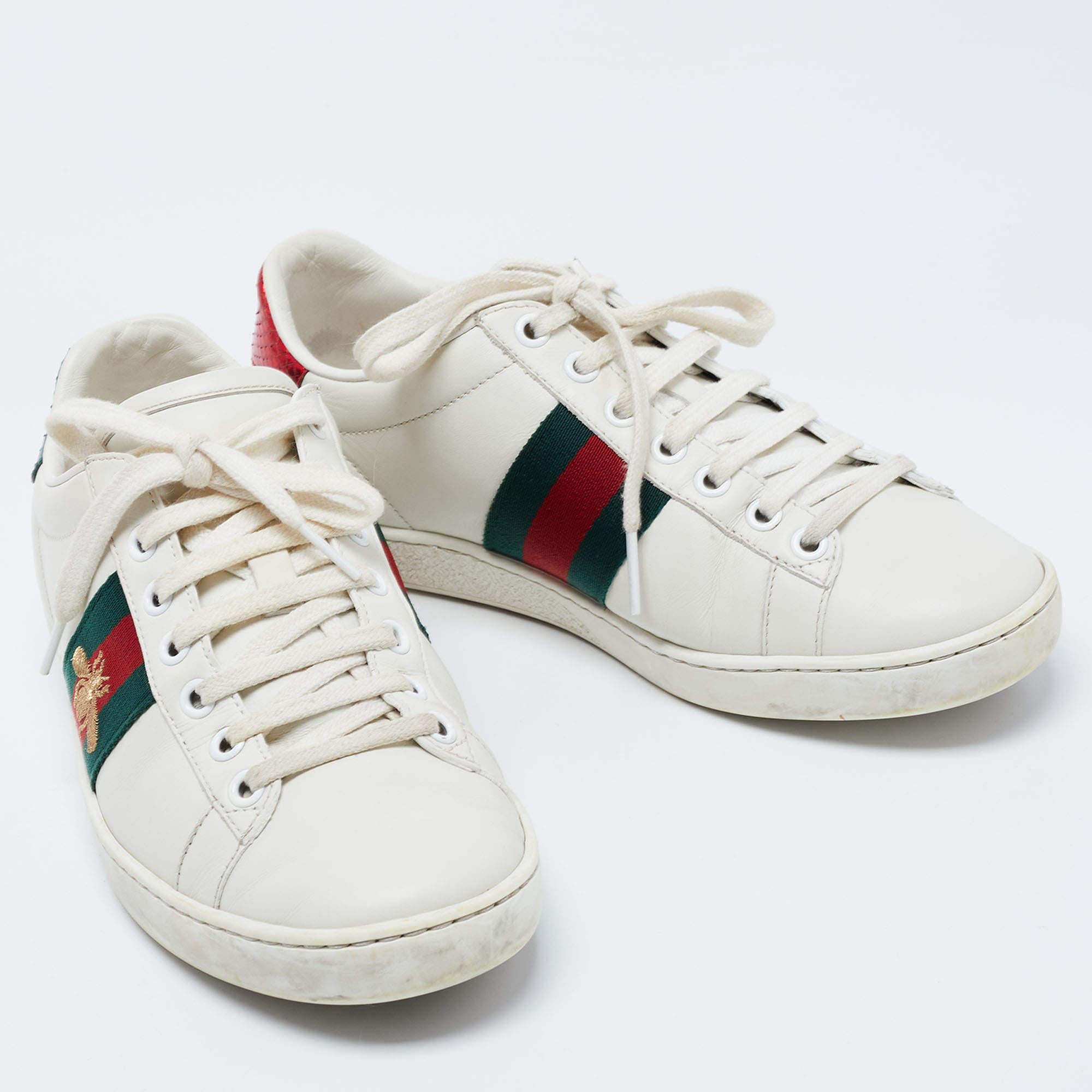 Gucci White Leather Embroidered Bee Ace Sneakers Size 36 In Good Condition In Dubai, Al Qouz 2