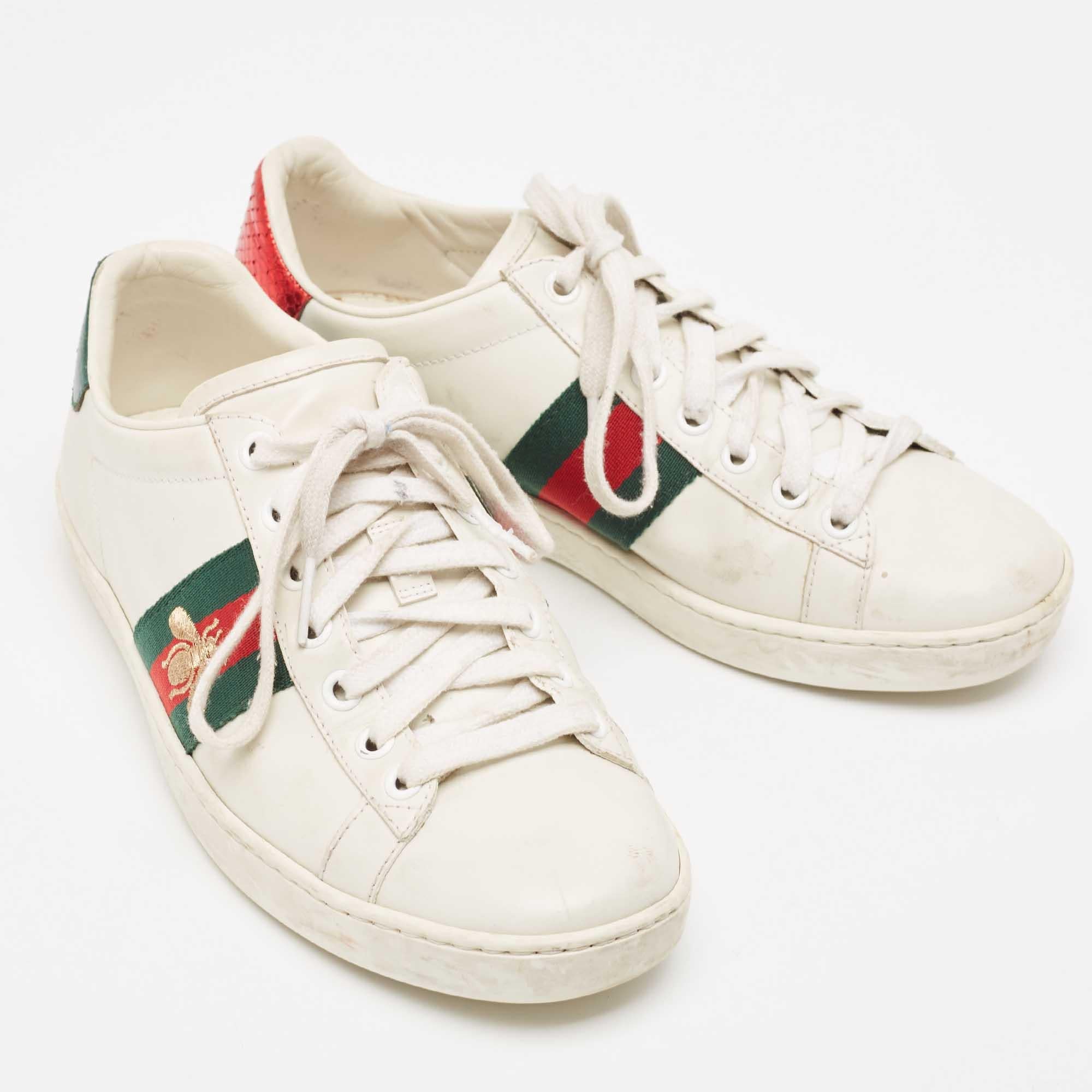 Women's Gucci White Leather Embroidered Bee Ace Sneakers Size 36 For Sale