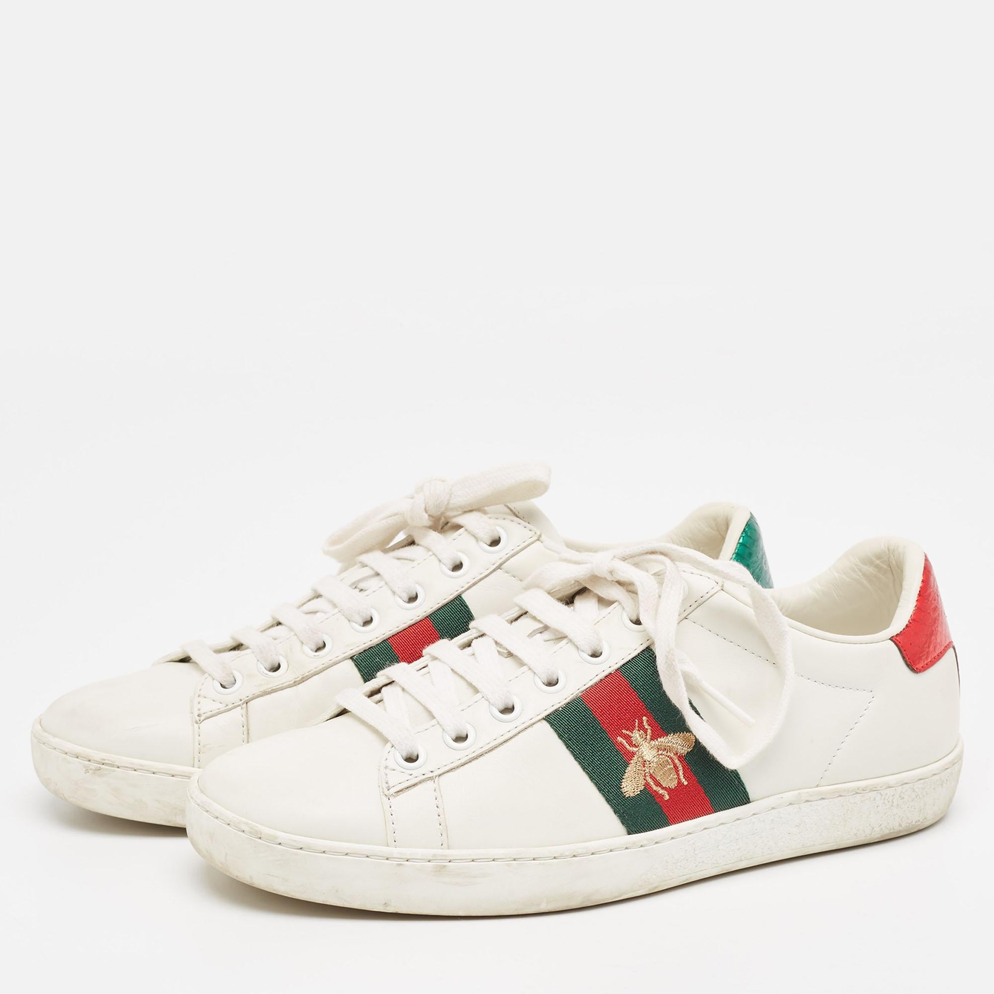 Gucci White Leather Embroidered Bee Ace Sneakers Size 36 For Sale 4
