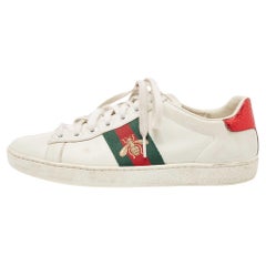 Used Gucci White Leather Embroidered Bee Ace Sneakers Size 36