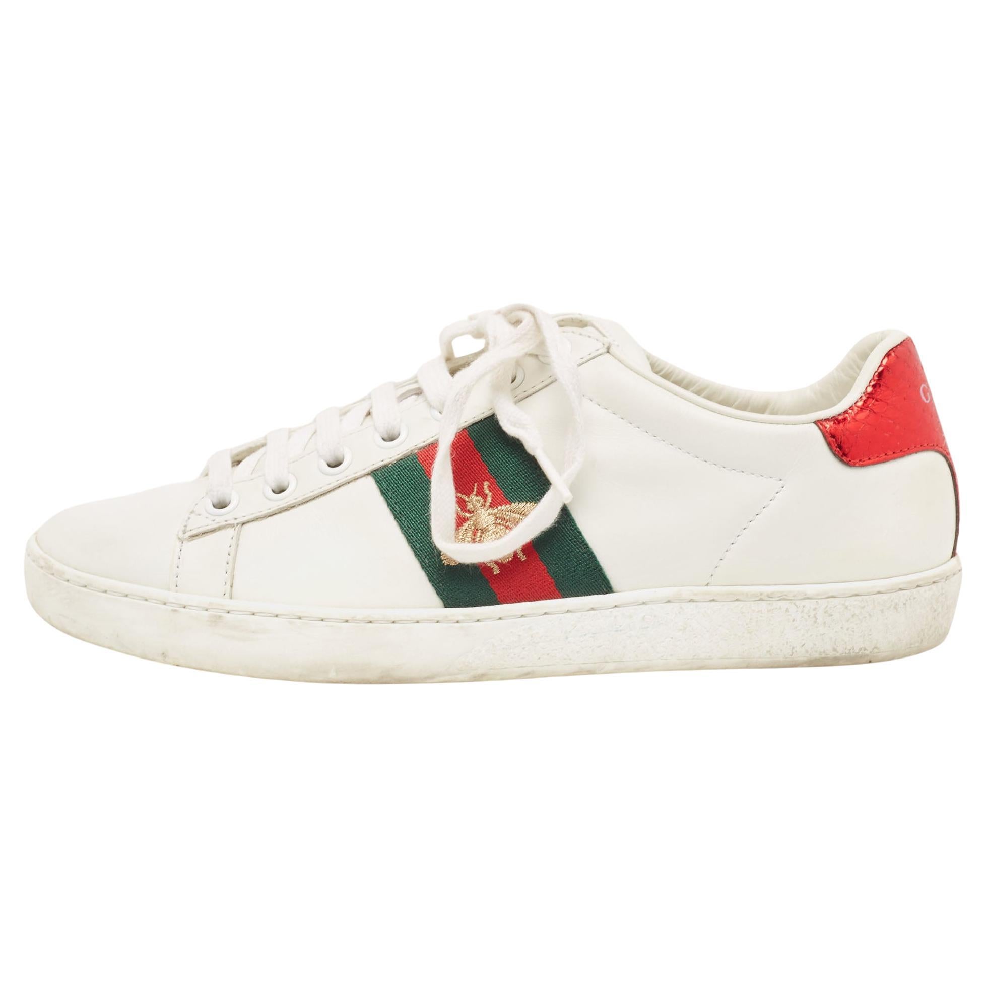 Gucci White Leather Embroidered Bee Ace Sneakers Size 36 For Sale