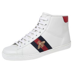 Gucci White Leather Embroidered Bee Web Ace High-Top Sneakers Size 41.5