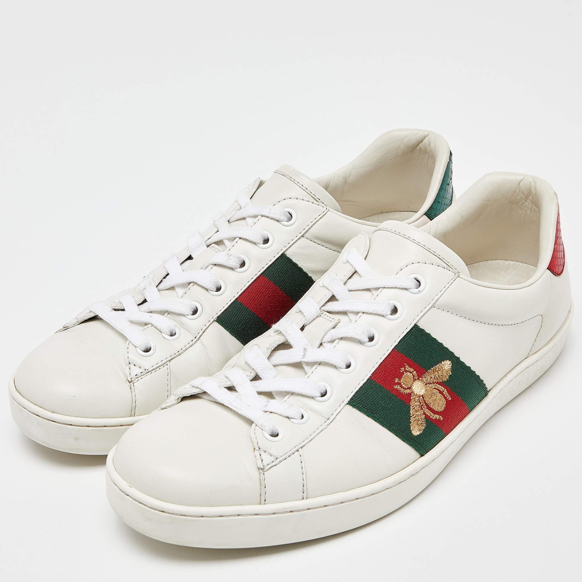 Men's Gucci White Leather Embroidered Bee Web Ace Low-Top Sneakers 