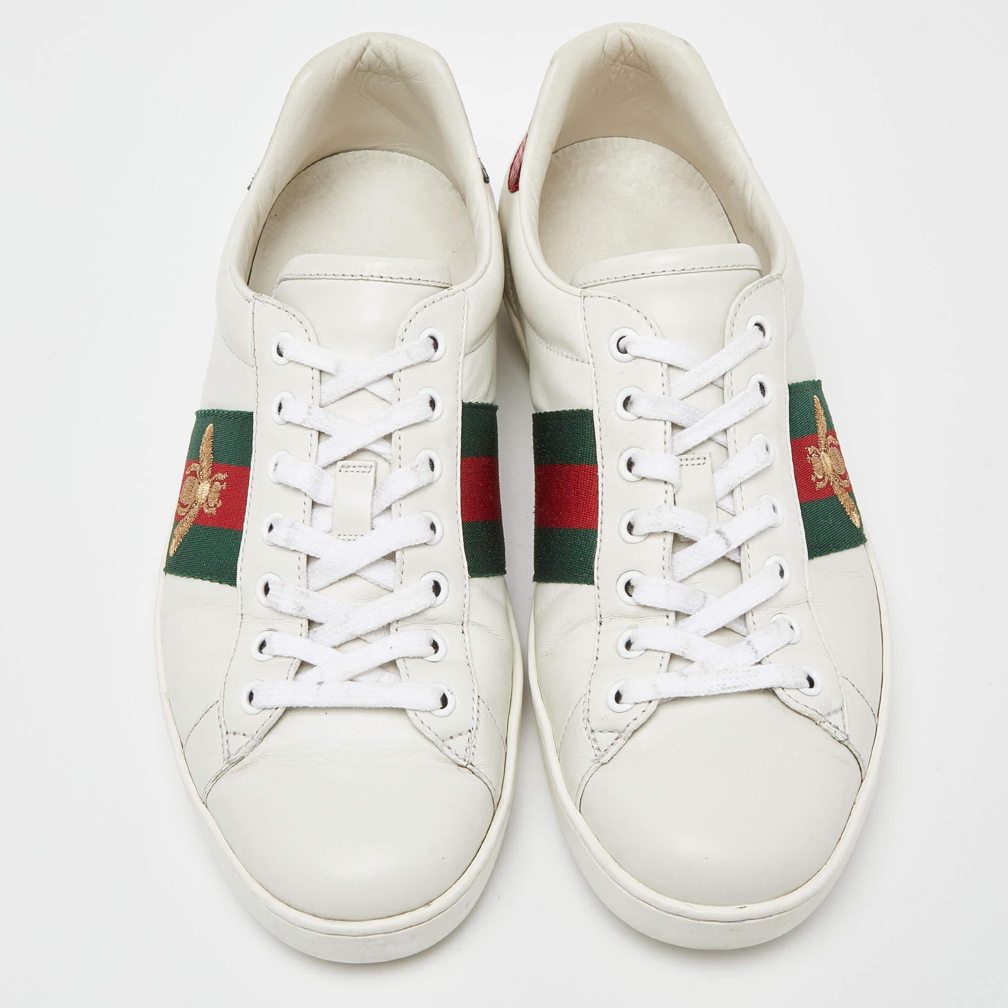 Gucci White Leather Embroidered Bee Web Ace Low-Top Sneakers  1
