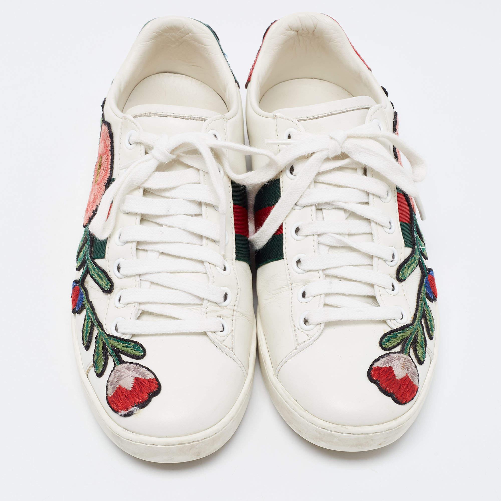 Women's Gucci White Leather Embroidered Floral Ace Sneakers Size 34.5