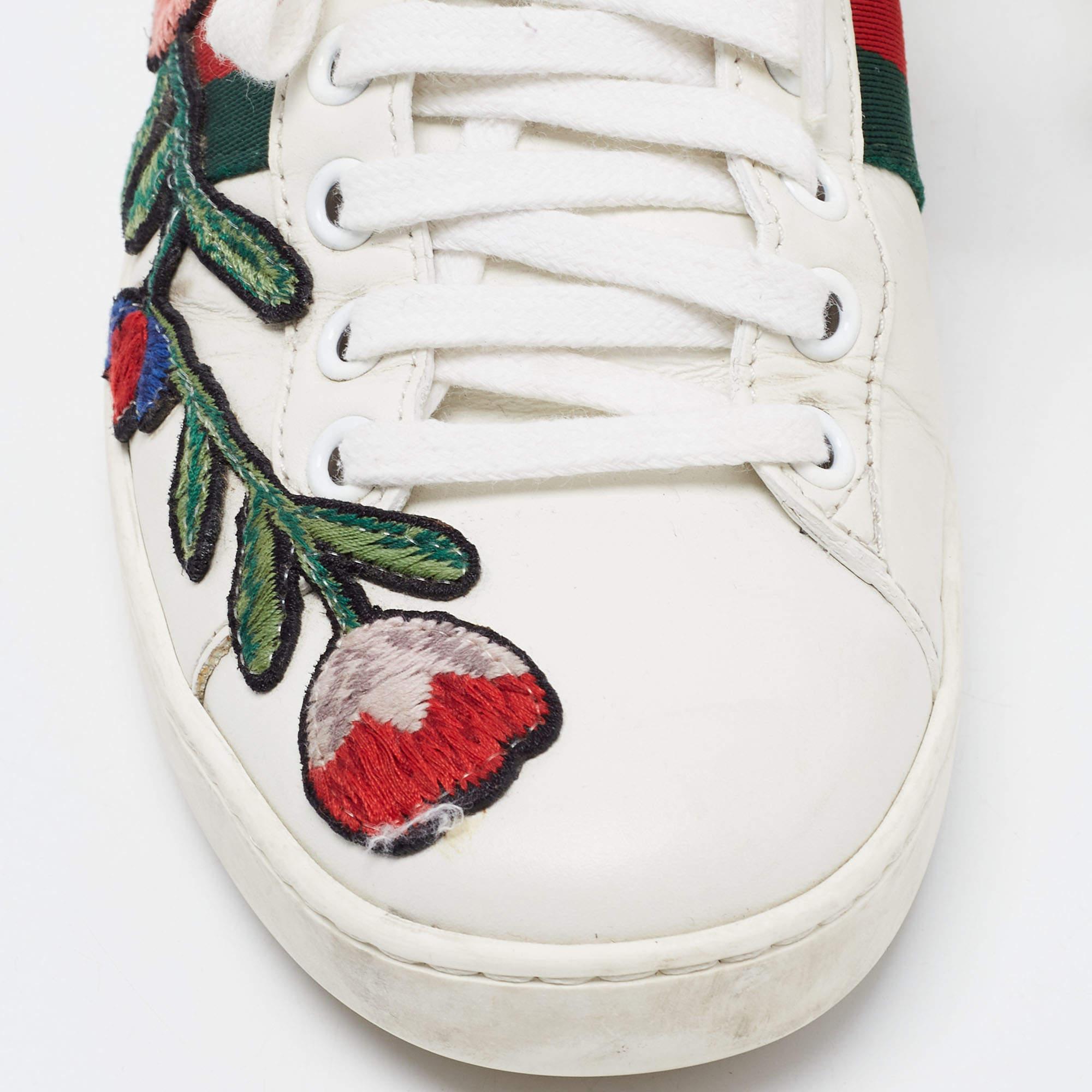 Gucci White Leather Embroidered Floral Ace Sneakers Size 34.5 1