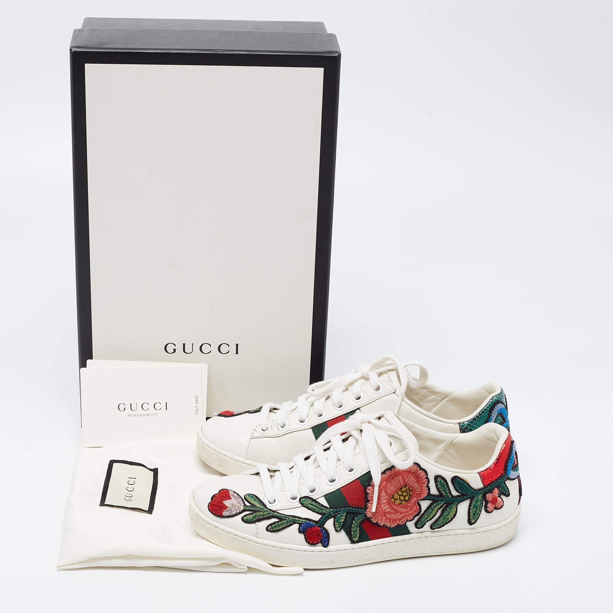 Gucci White Leather Embroidered Floral Ace Sneakers Size 34.5 5