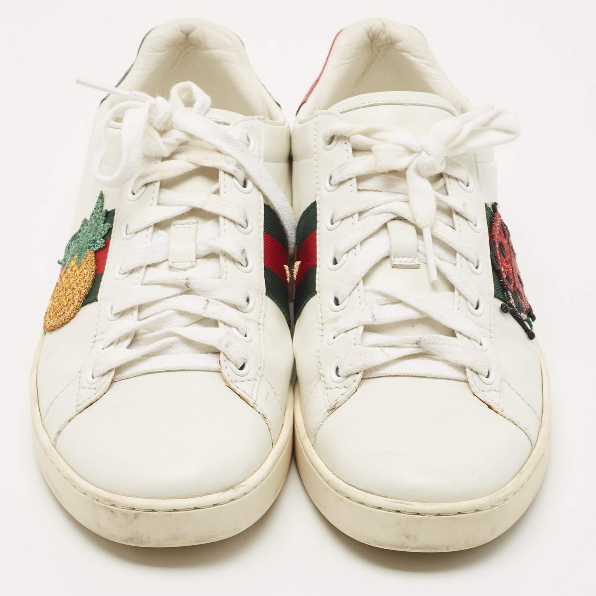 Women's Gucci White Leather Embroidered Ladybird And Pineapple Ace Low Top Sneakers Size