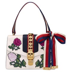 Gucci White Leather Embroidered Small Sylvie Shoulder Bag