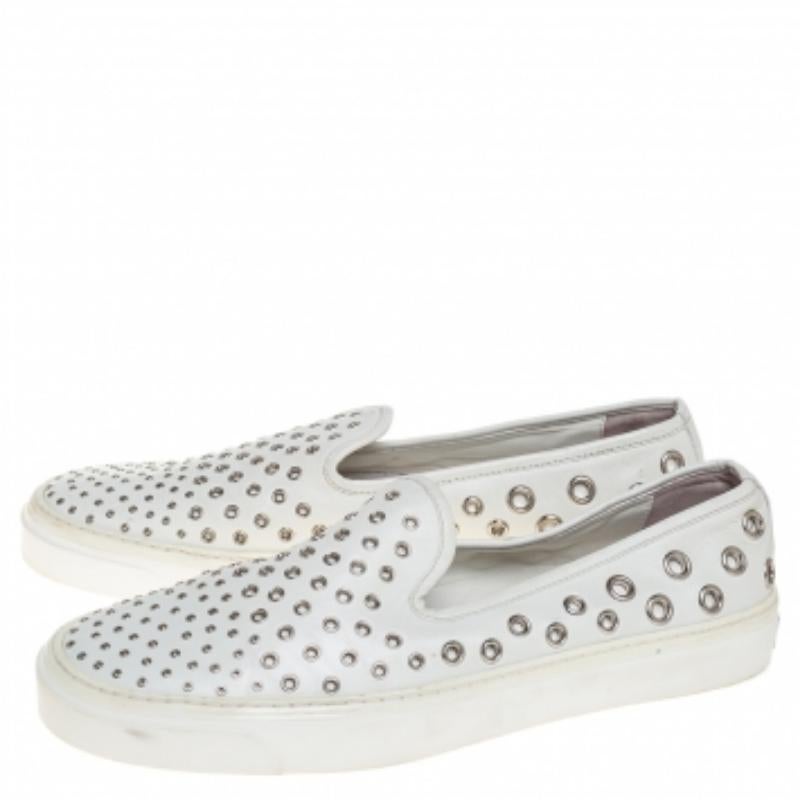 Gray Gucci White Leather Eyelet Embellished Slip On Sneakers Size 38.5 For Sale