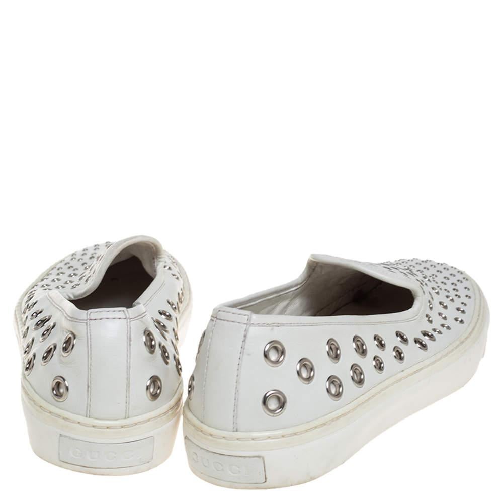 Gray Gucci White Leather Eyelet Embellished Slip On Sneakers Size 38.5 For Sale