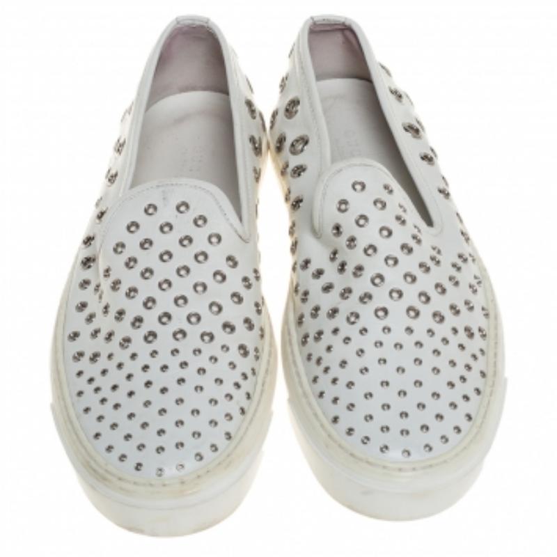 Women's Gucci White Leather Eyelet Embellished Slip On Sneakers Size 38.5 For Sale
