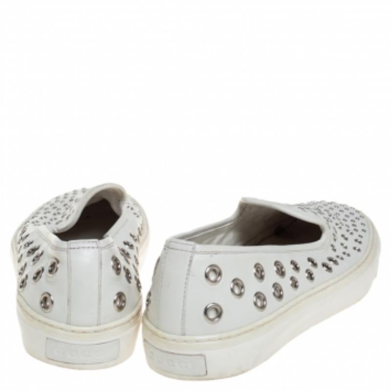 Gucci White Leather Eyelet Embellished Slip On Sneakers Size 38.5 For Sale 1
