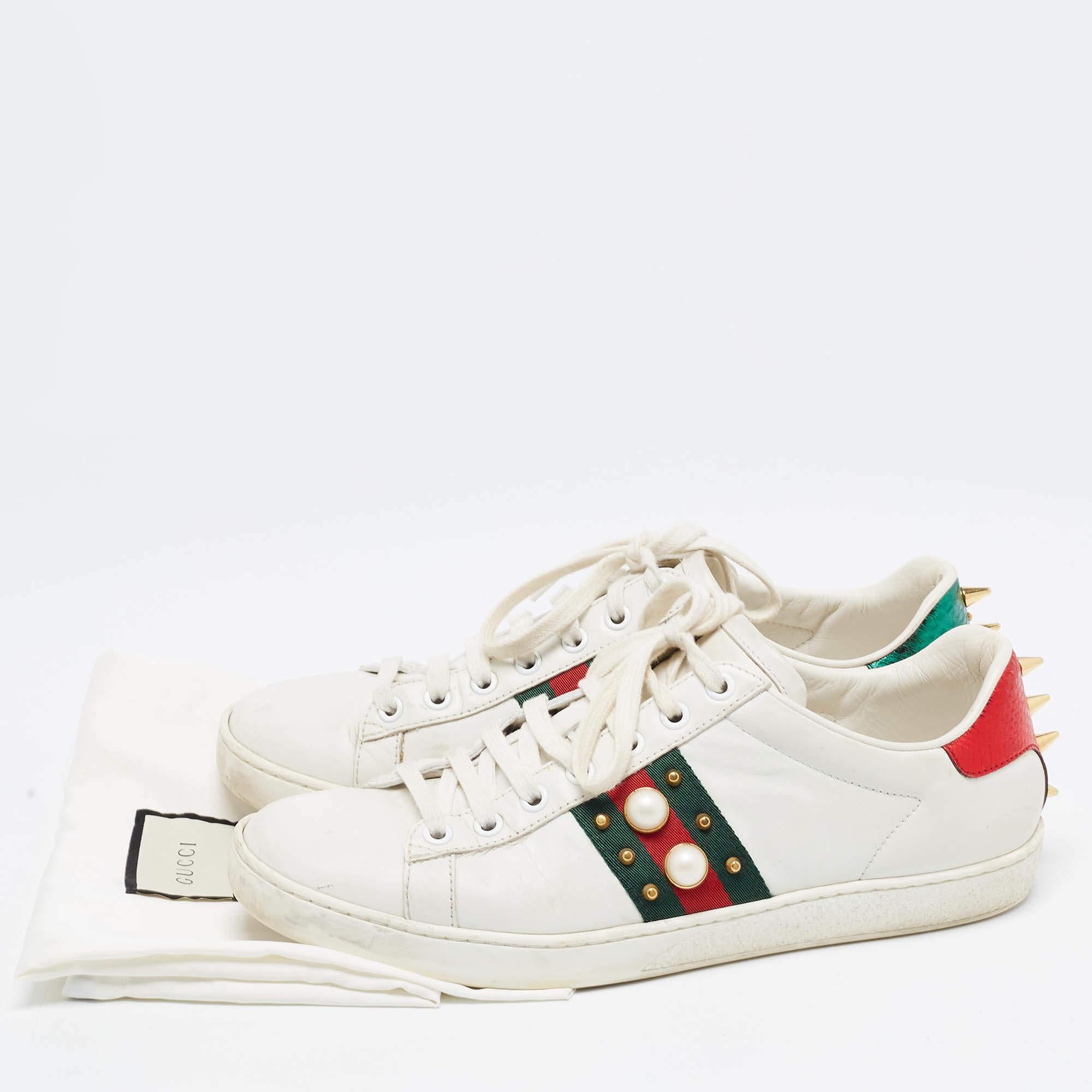 Women's Gucci White Leather Faux Pearl and Spike Embellished Ace Sneakers Size 38.5