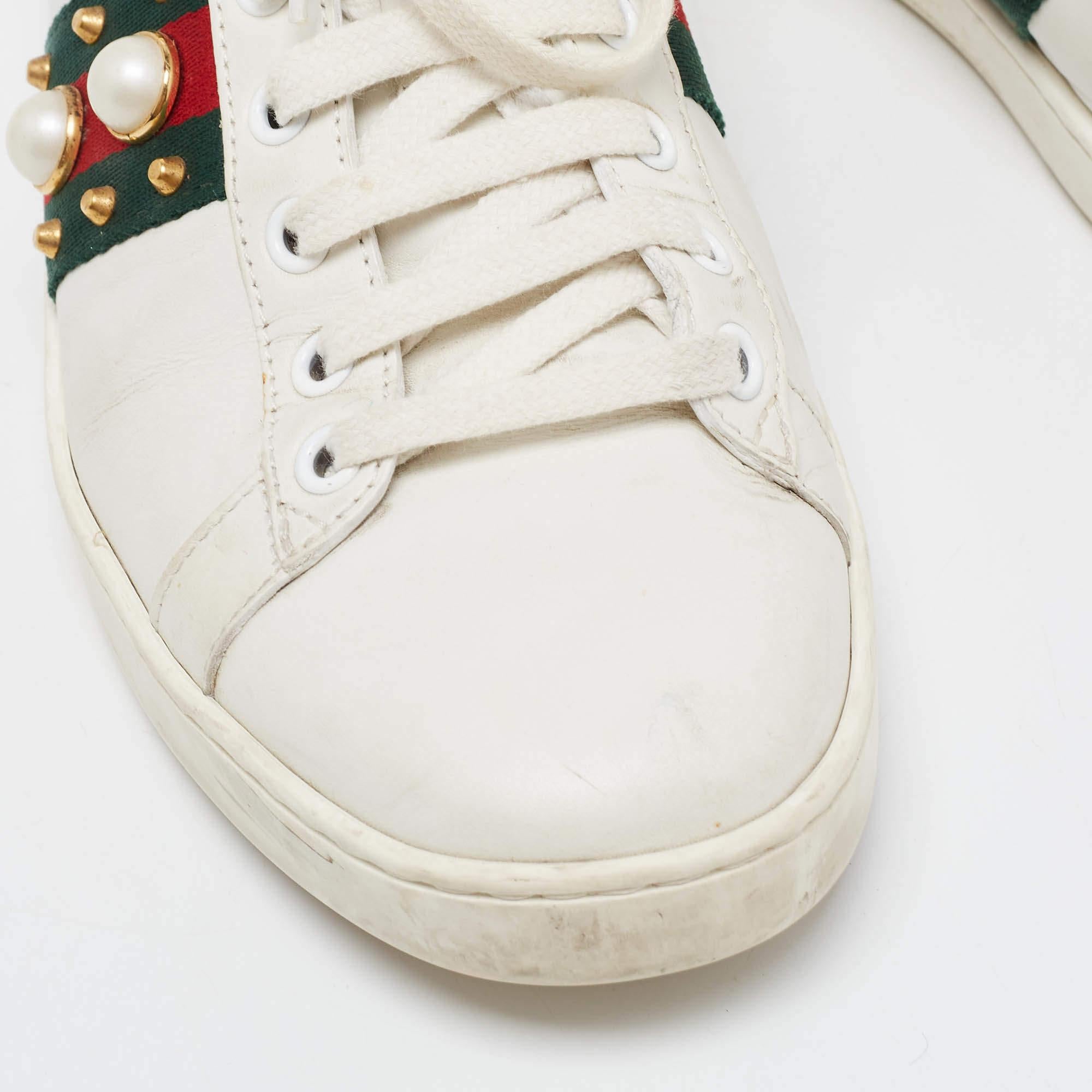 Gucci White Leather Faux Pearl and Spike Embellished Ace Sneakers Size 38.5 1