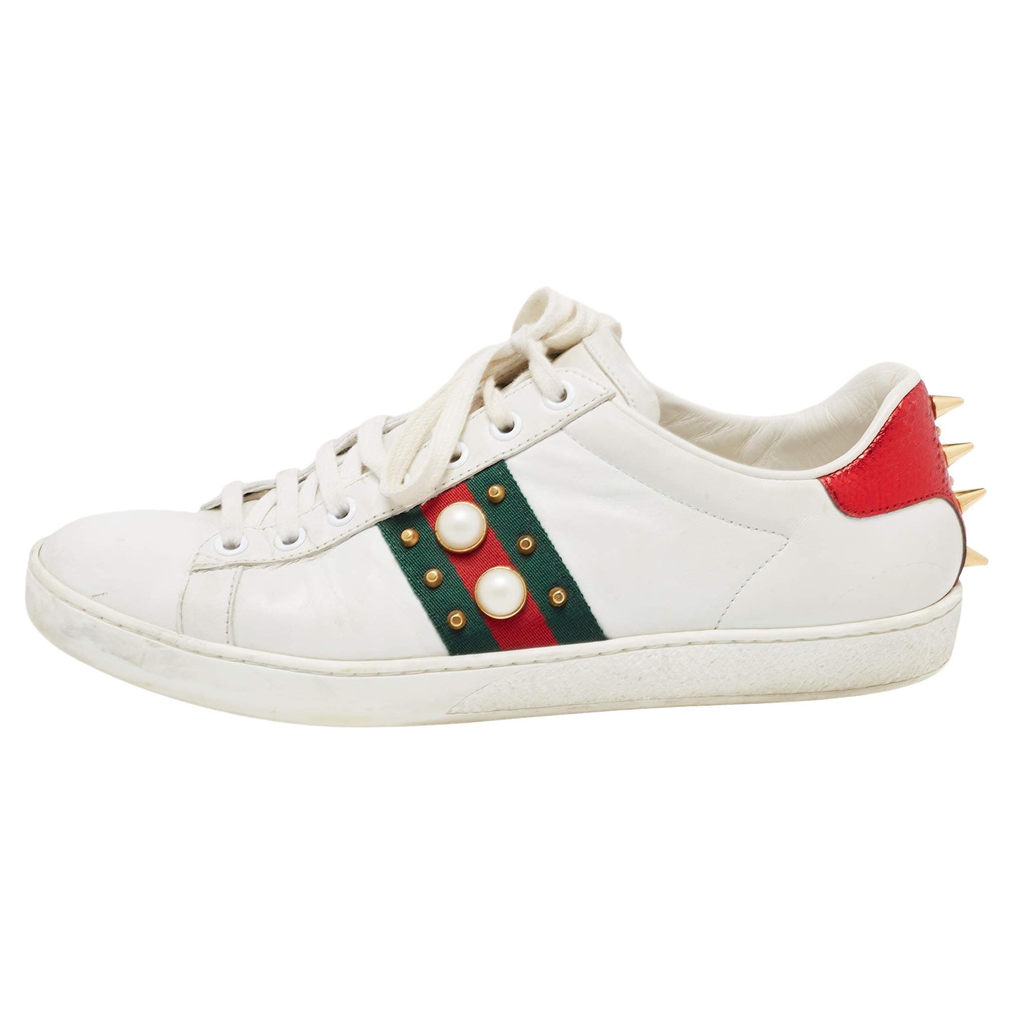 Gucci White Leather Faux Pearl and Spike Embellished Ace Sneakers Size 38.5