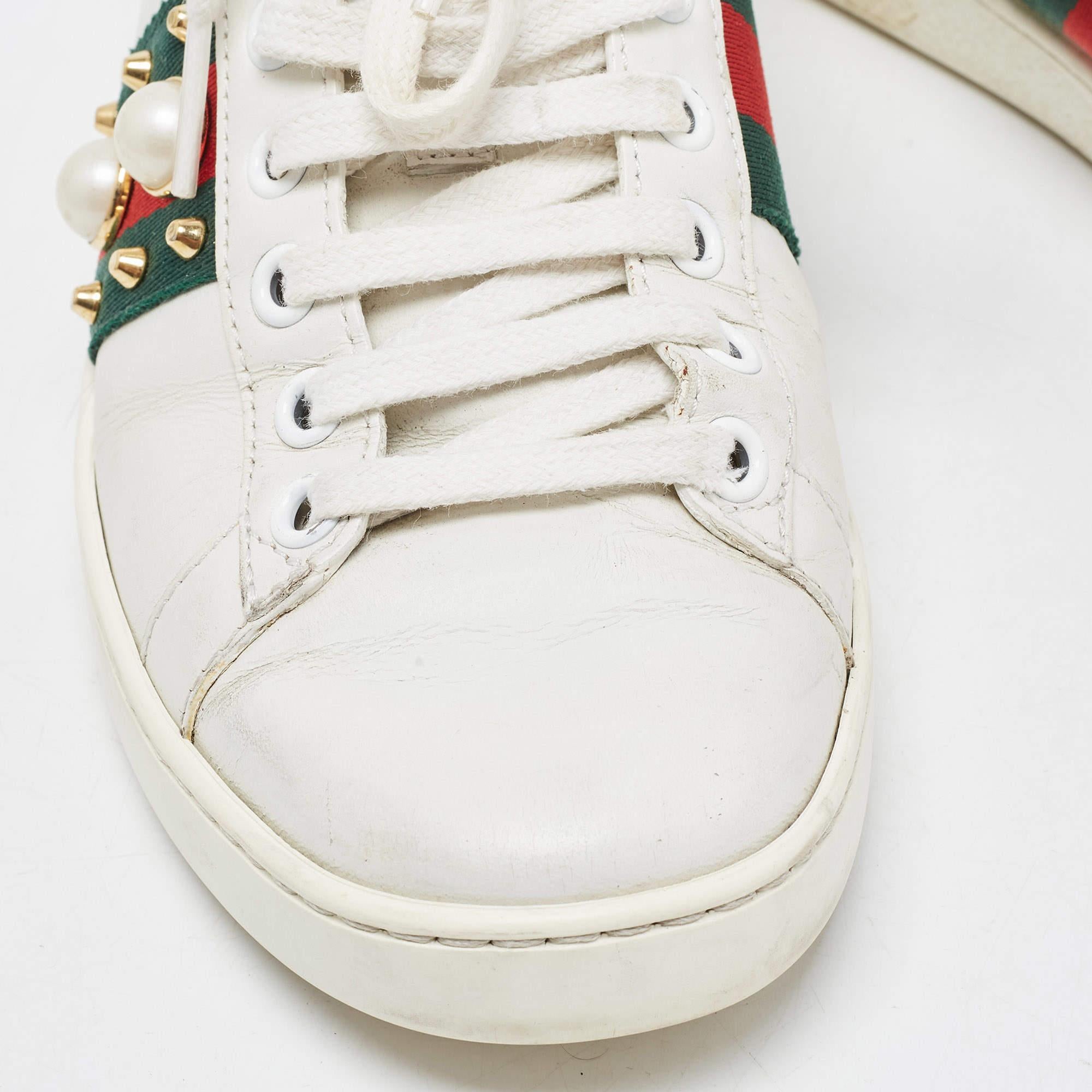 Gucci White Leather Faux Pearl Embellished Ace Low Top Sneakers Size 35 6