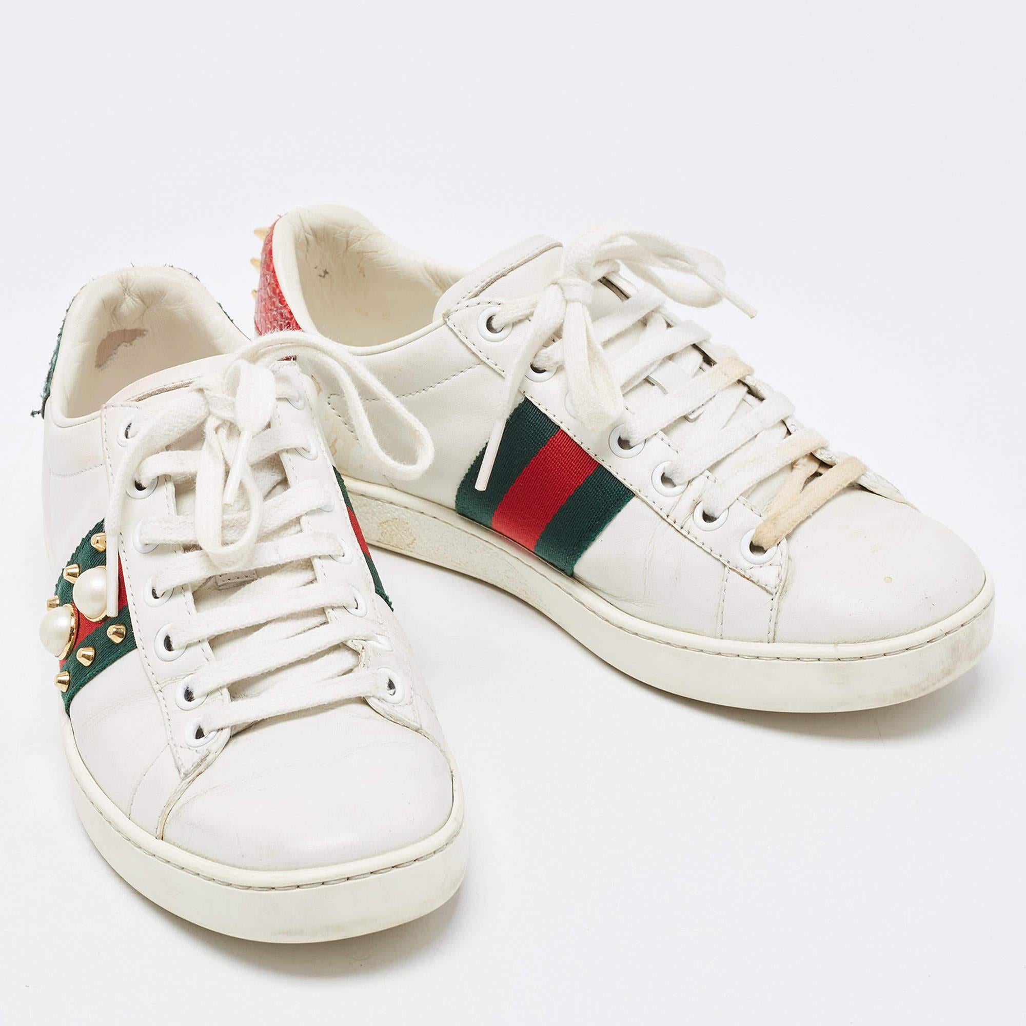 Gucci White Leather Faux Pearl Embellished Ace Low Top Sneakers Size 35 For Sale 5