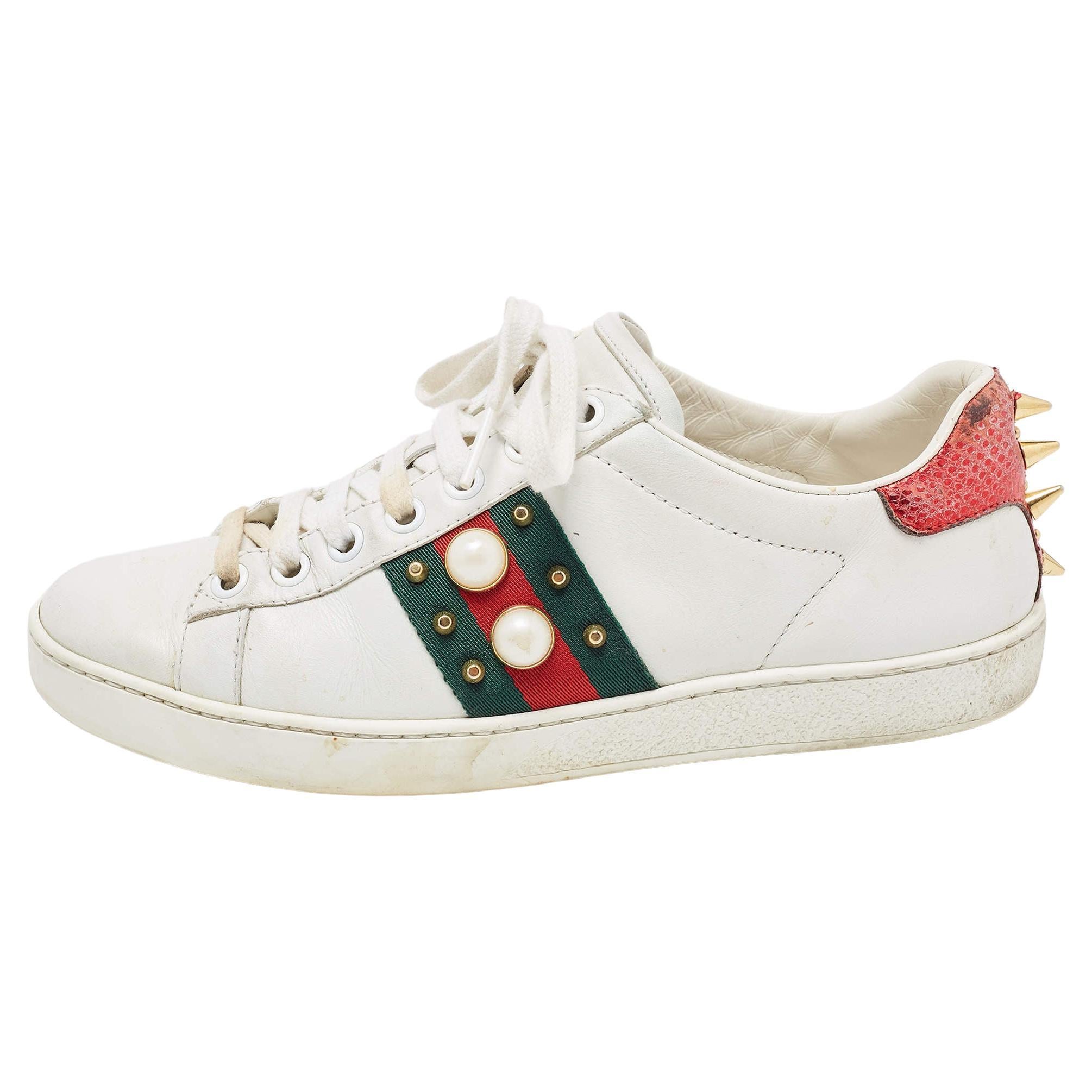 Gucci White Leather Faux Pearl Embellished Ace Low Top Sneakers Size 35