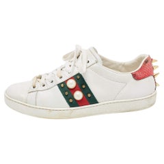 Used Gucci White Leather Faux Pearl Embellished Ace Low Top Sneakers Size 35