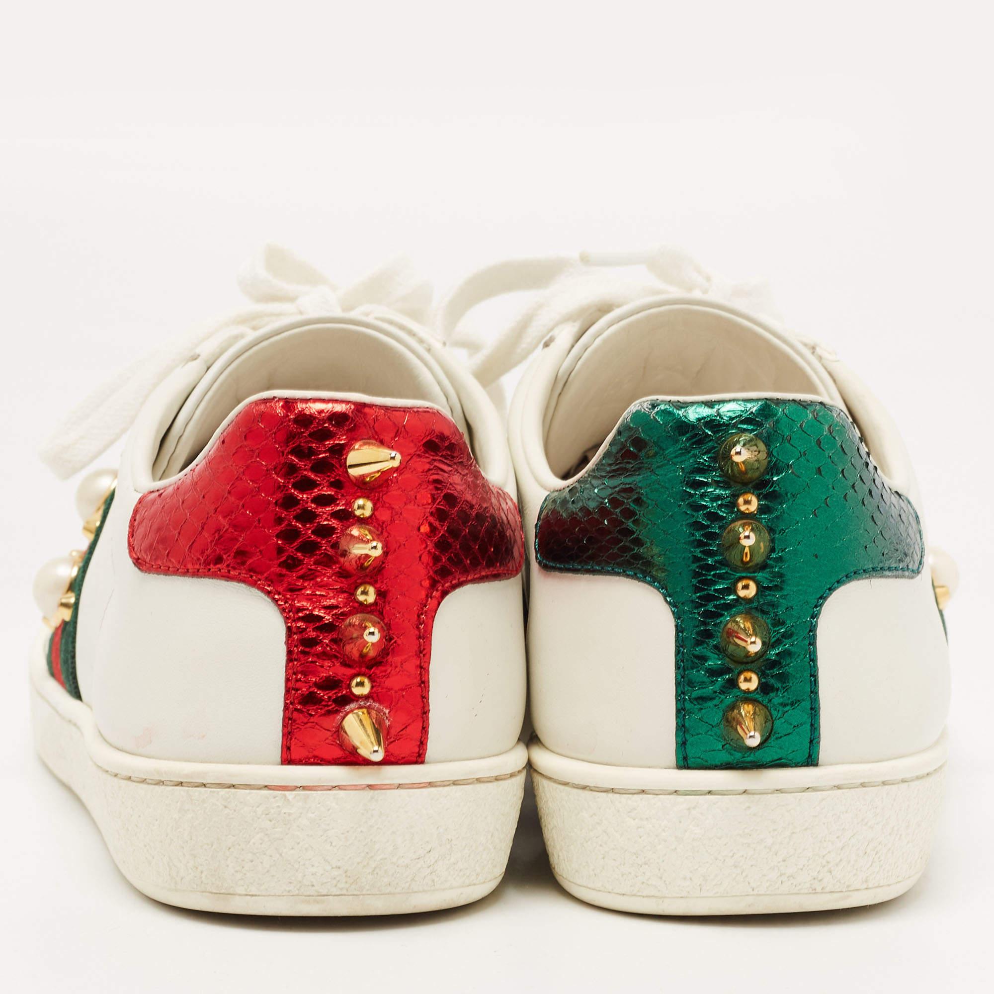 Gucci White Leather Faux Pearl Embellished Ace Sneakers Size 36.5 In Good Condition In Dubai, Al Qouz 2