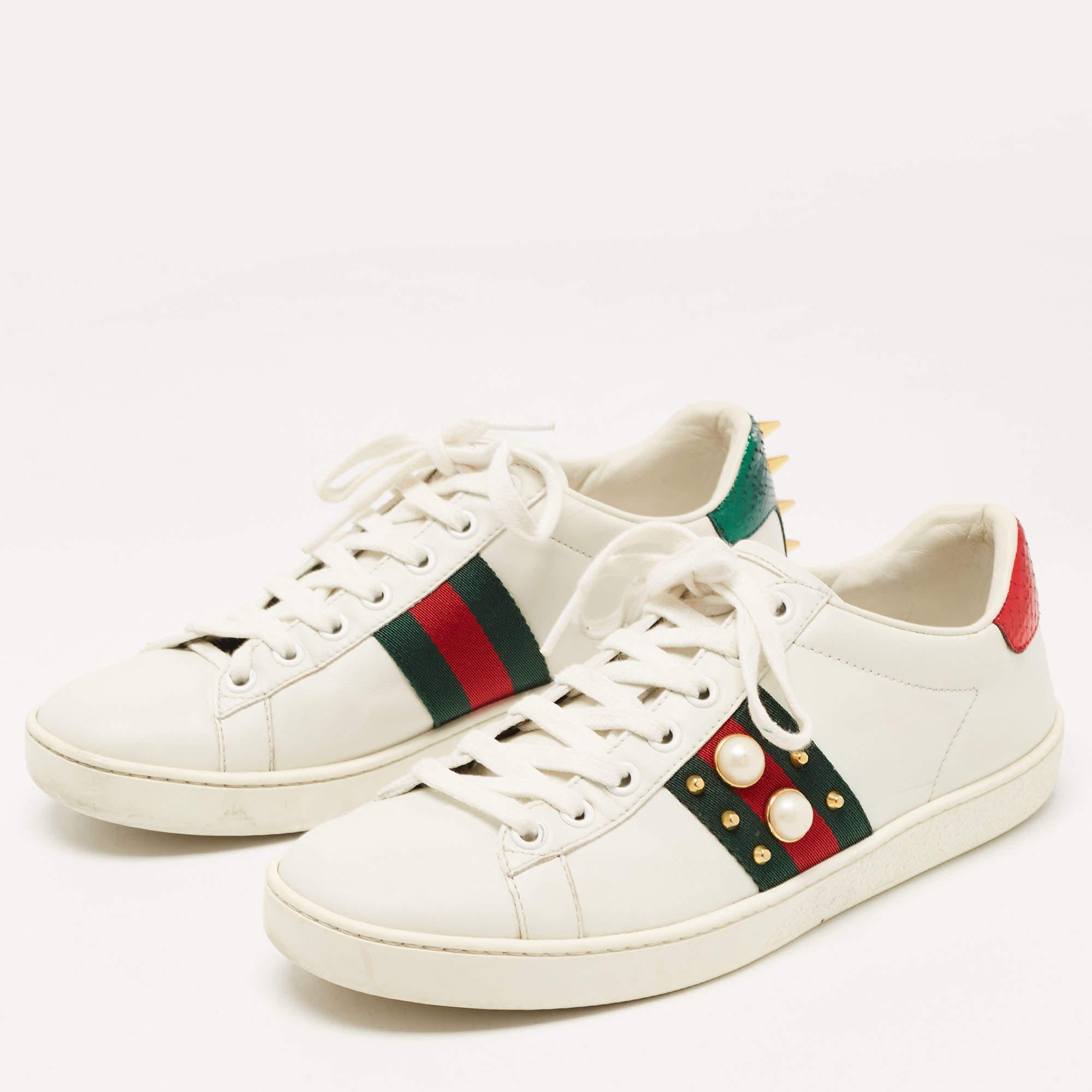 Women's Gucci White Leather Faux Pearl Embellished Ace Sneakers Size 36.5