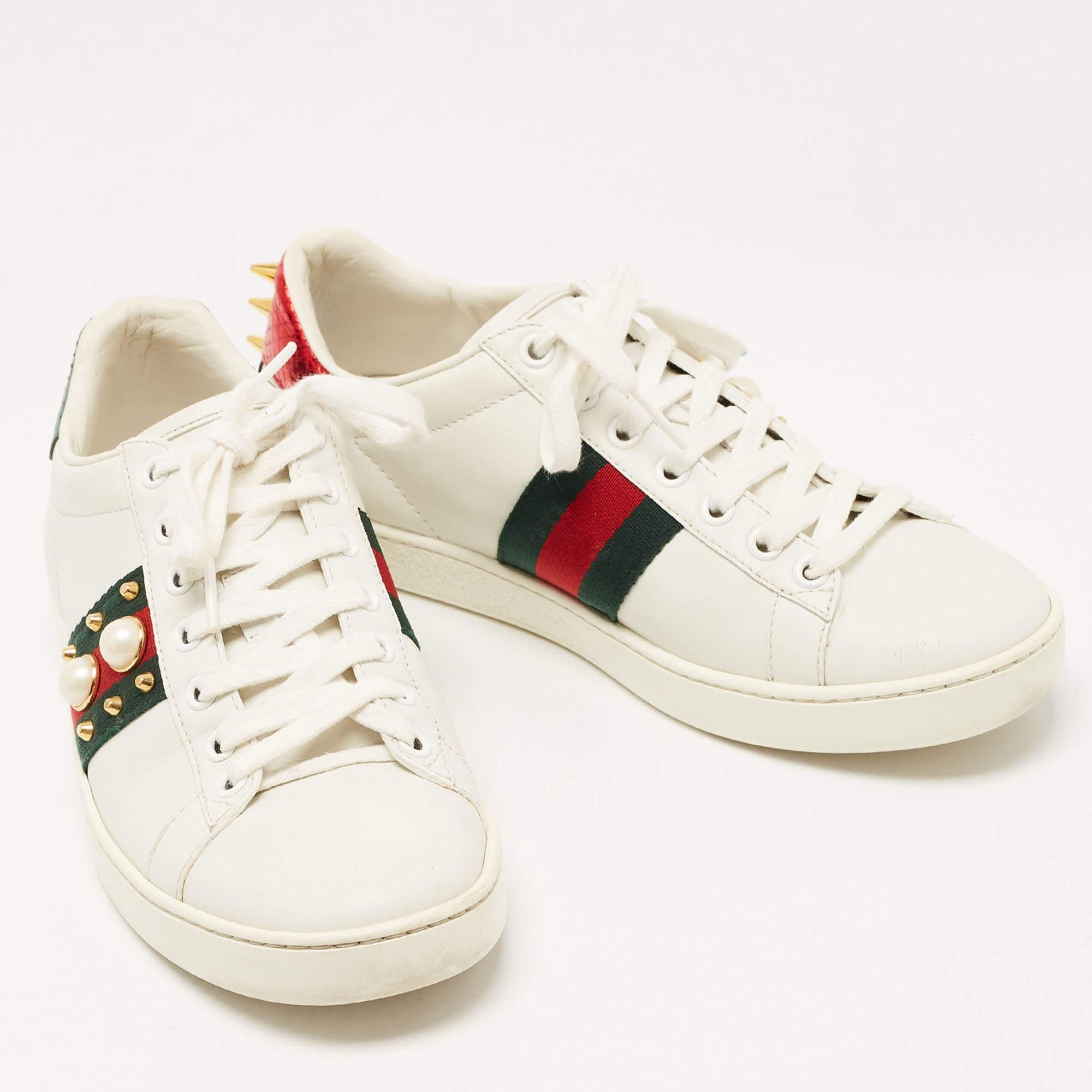 Gucci White Leather Faux Pearl Embellished Ace Sneakers Size 36.5 1