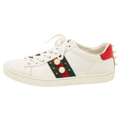 Gucci White Leather Faux Pearl Embellished Ace Sneakers Size 36.5