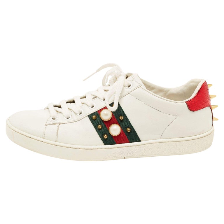 Gucci White Leather Faux Pearl Embellished Ace Sneakers Size 36.5 at 1stDibs