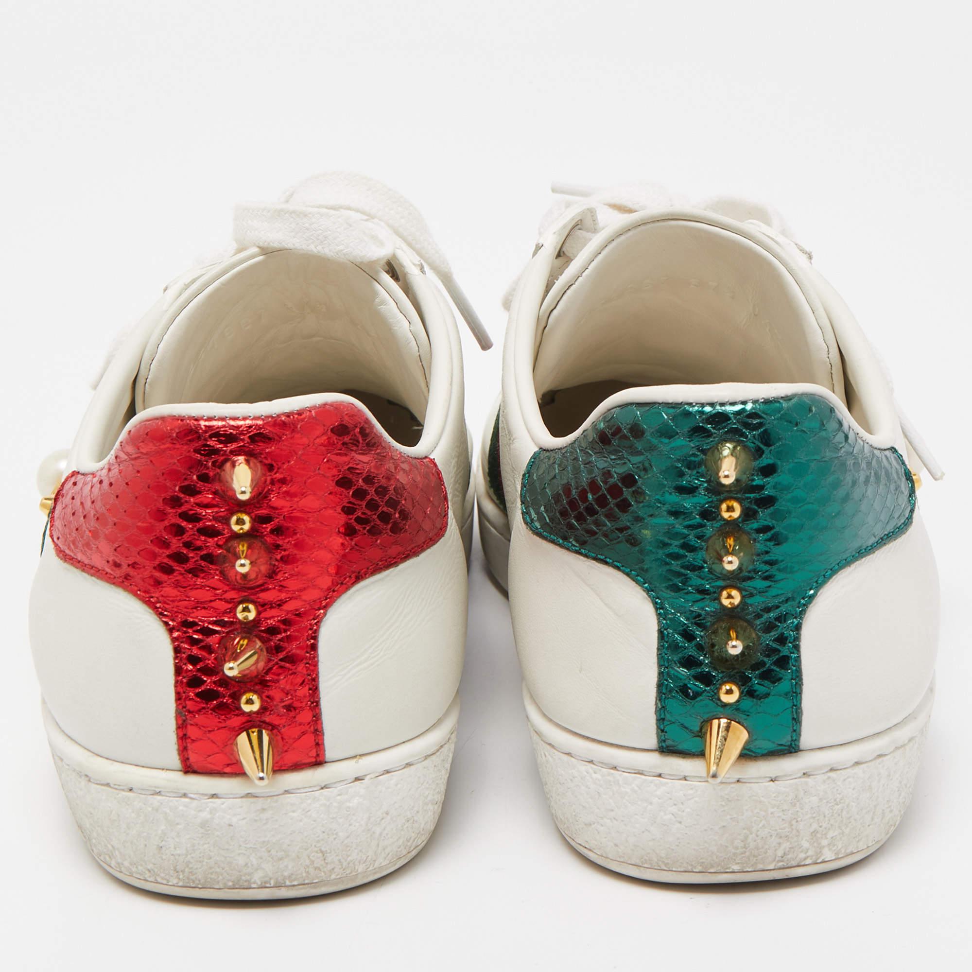 Gucci White Leather Faux Pearl Embellished Ace Sneakers Size 37.5 In Good Condition In Dubai, Al Qouz 2