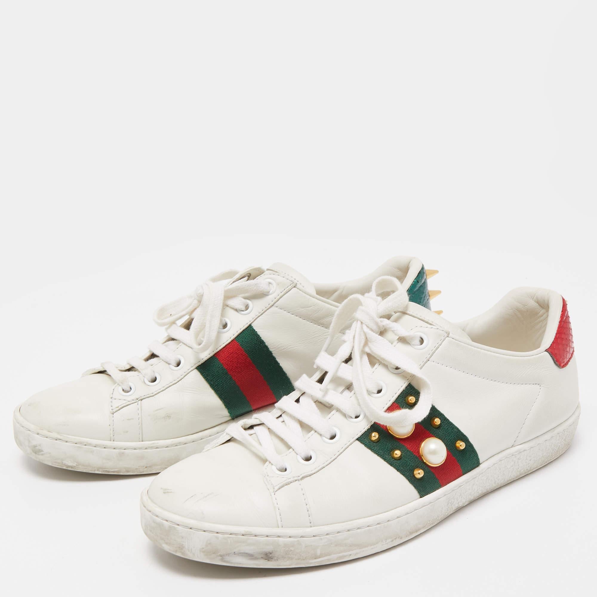 Women's Gucci White Leather Faux Pearl Embellished Ace Sneakers Size 37.5