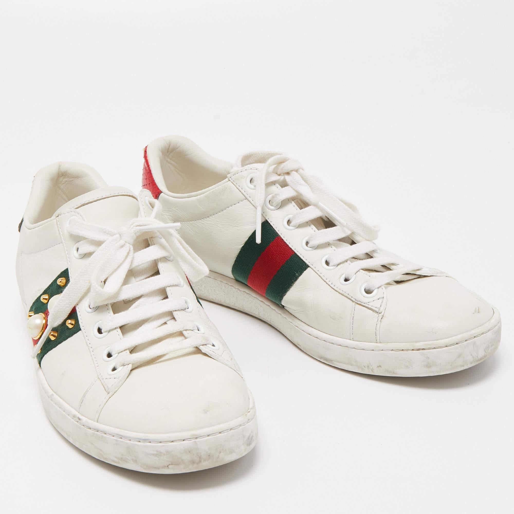 Gucci White Leather Faux Pearl Embellished Ace Sneakers Size 37.5 1