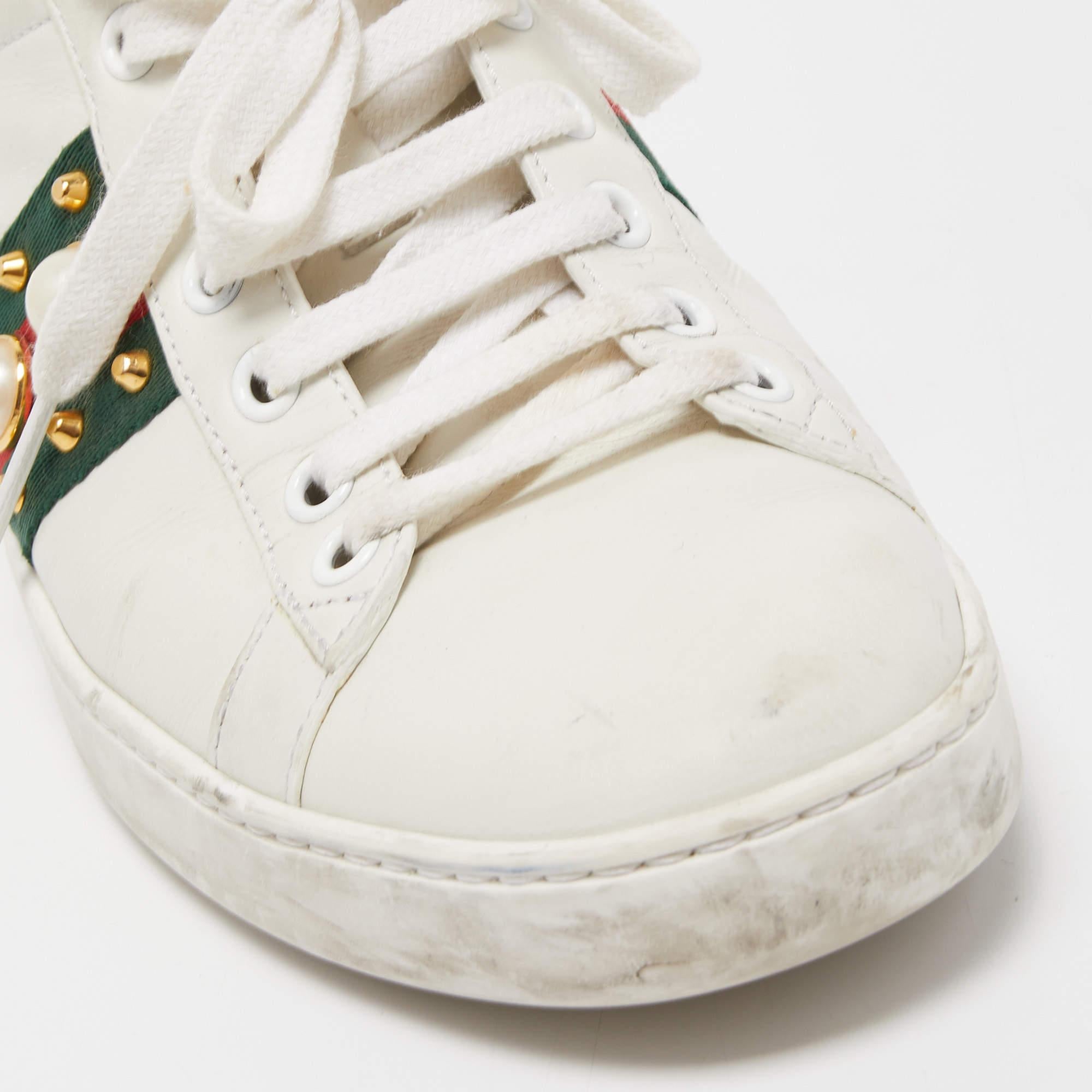 Gucci White Leather Faux Pearl Embellished Ace Sneakers Size 37.5 2
