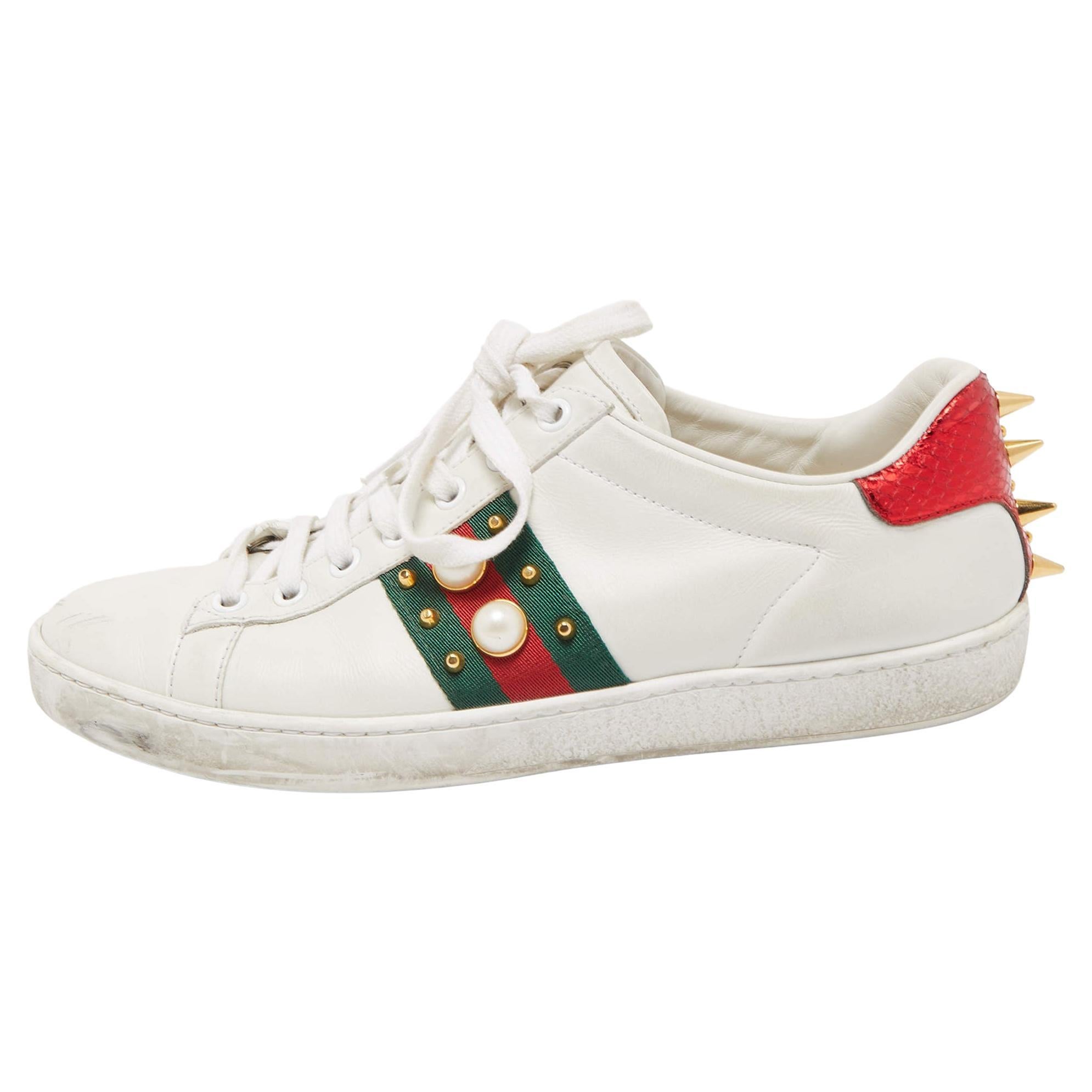 Gucci White Leather Faux Pearl Embellished Ace Sneakers Size 37.5