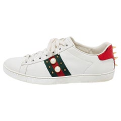 Gucci White Leather Faux Pearl Embellished Ace Sneakers Size 39