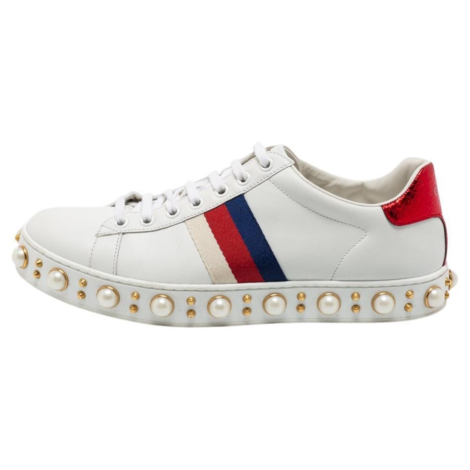 Gucci White Leather Faux Pearl Platform New Ace Low-Top Sneakers Size 38.5 Sale 1stDibs | gucci sneakers pearl