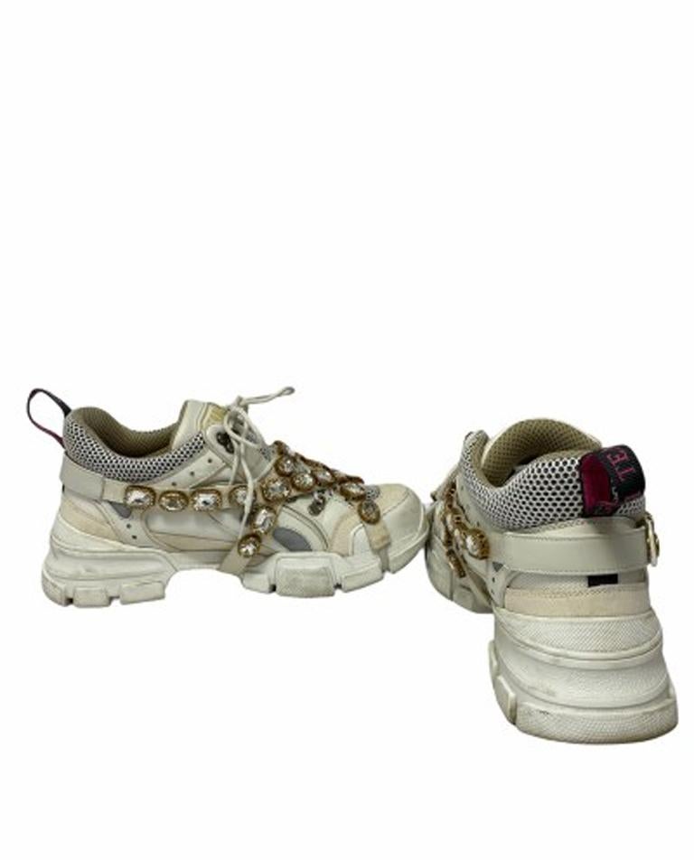 Gray Gucci White Leather Flashtrek Sneakers