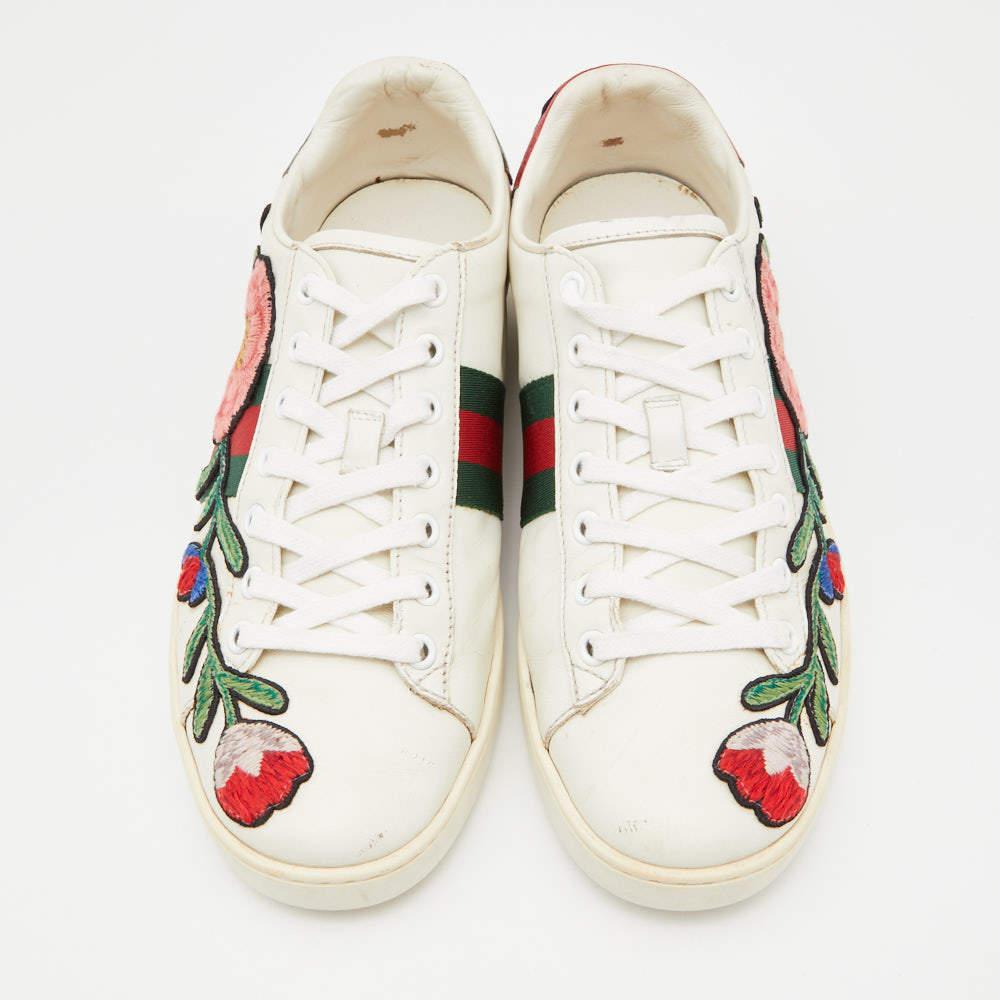 Women's Gucci White Leather Floral Ace Sneakers Size 39 For Sale