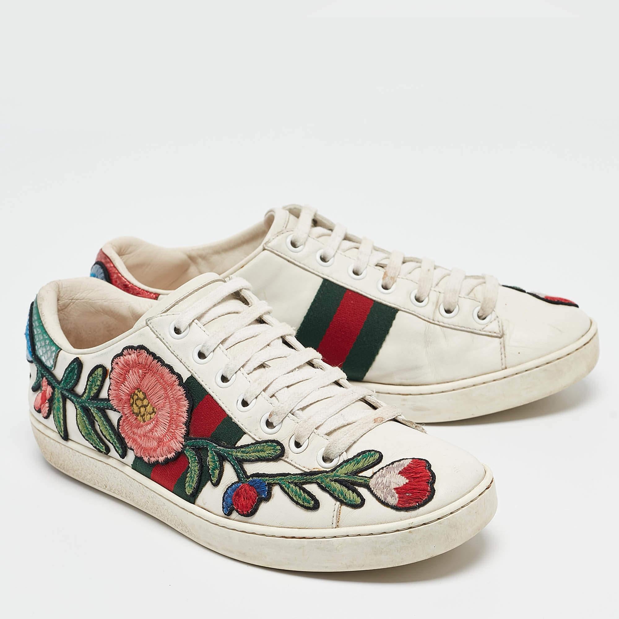 Women's Gucci White Leather Floral Embroidered Ace Sneakers Size 37