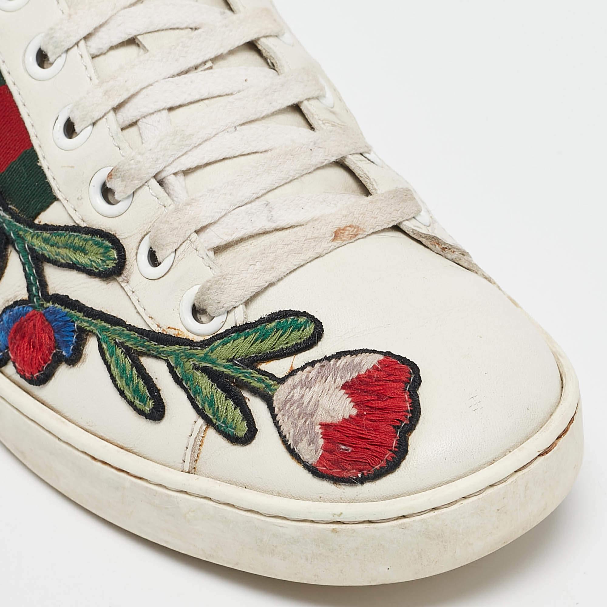 Gucci White Leather Floral Embroidered Ace Sneakers Size 37 3