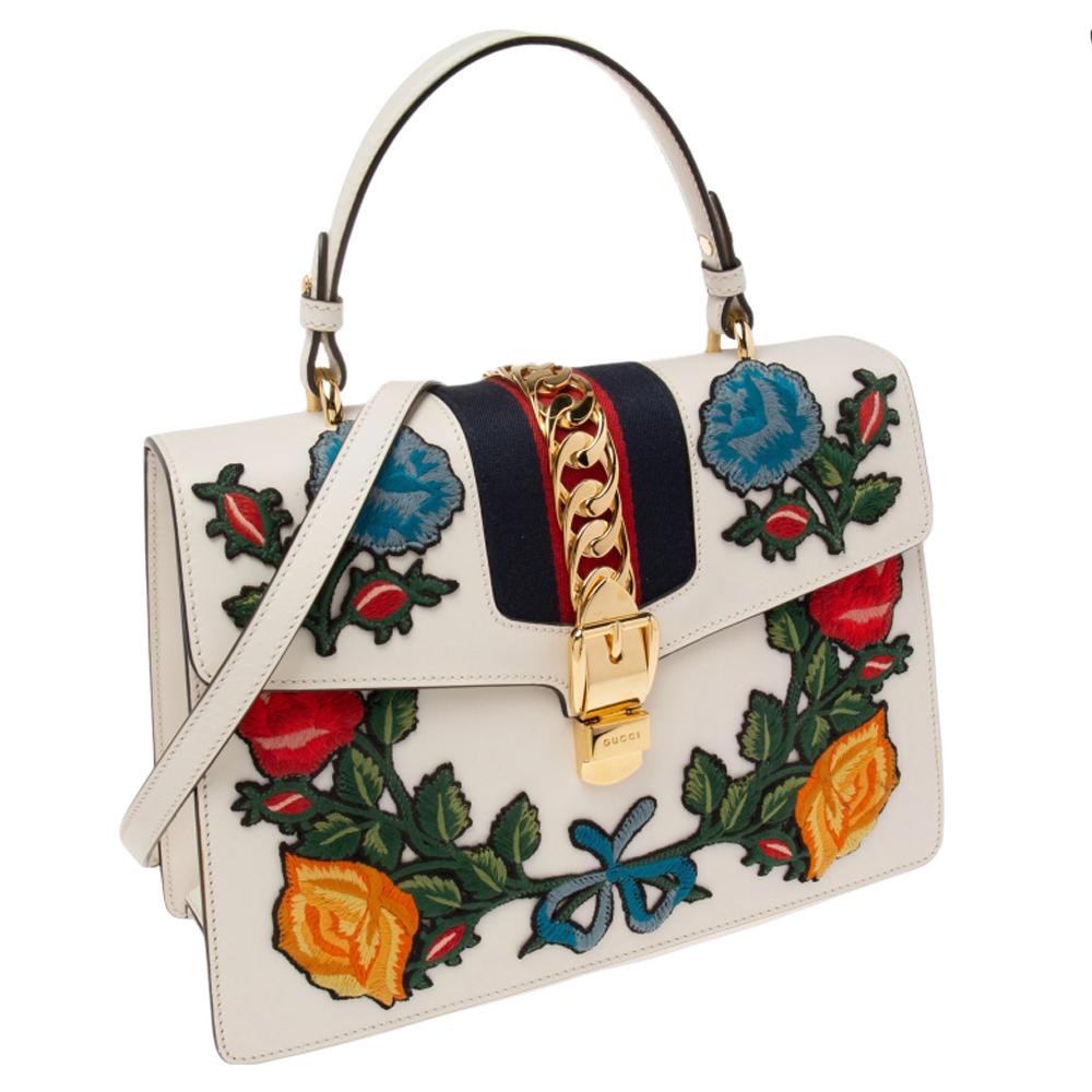 Gucci White Leather Floral Embroidered Medium Sylvie Top Handle Bag 3