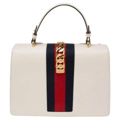 Gucci White Leather Floral Embroidered Medium Sylvie Top Handle Bag