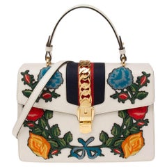 Gucci White Leather Floral Embroidered Medium Sylvie Top Handle Bag