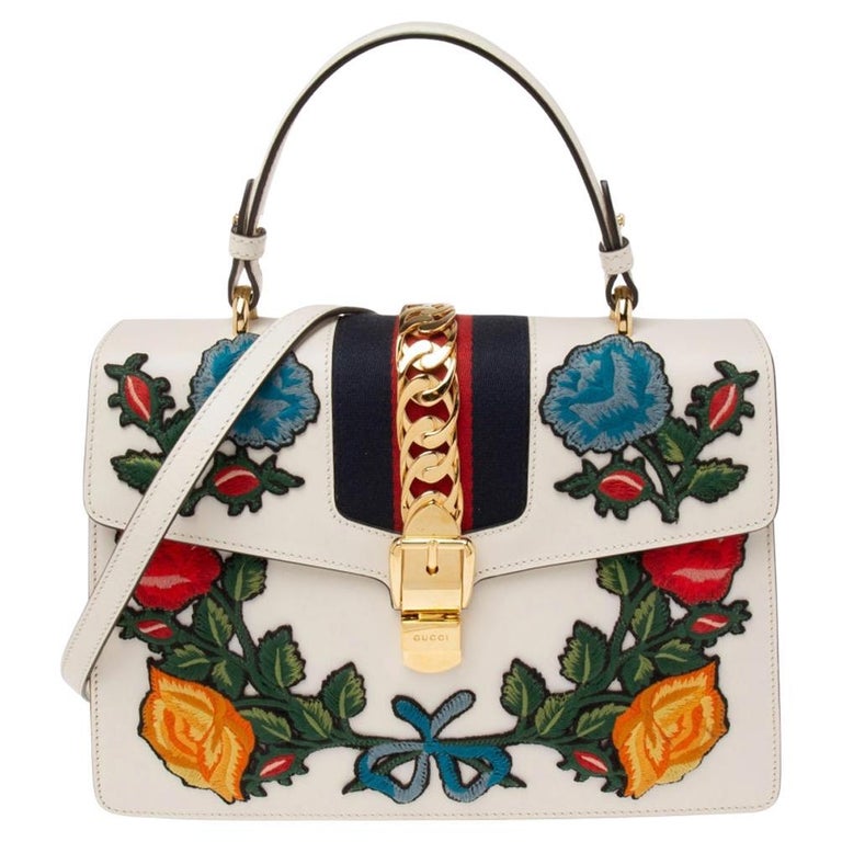 Gucci White Leather Floral Embroidered Medium Sylvie Top Handle Bag For  Sale at 1stDibs