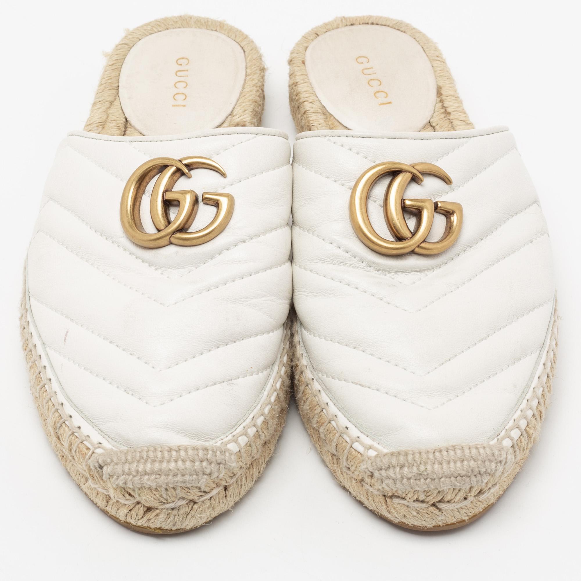 Women's Gucci White Leather GG Marmont Espadrilles Mules Size 35.5