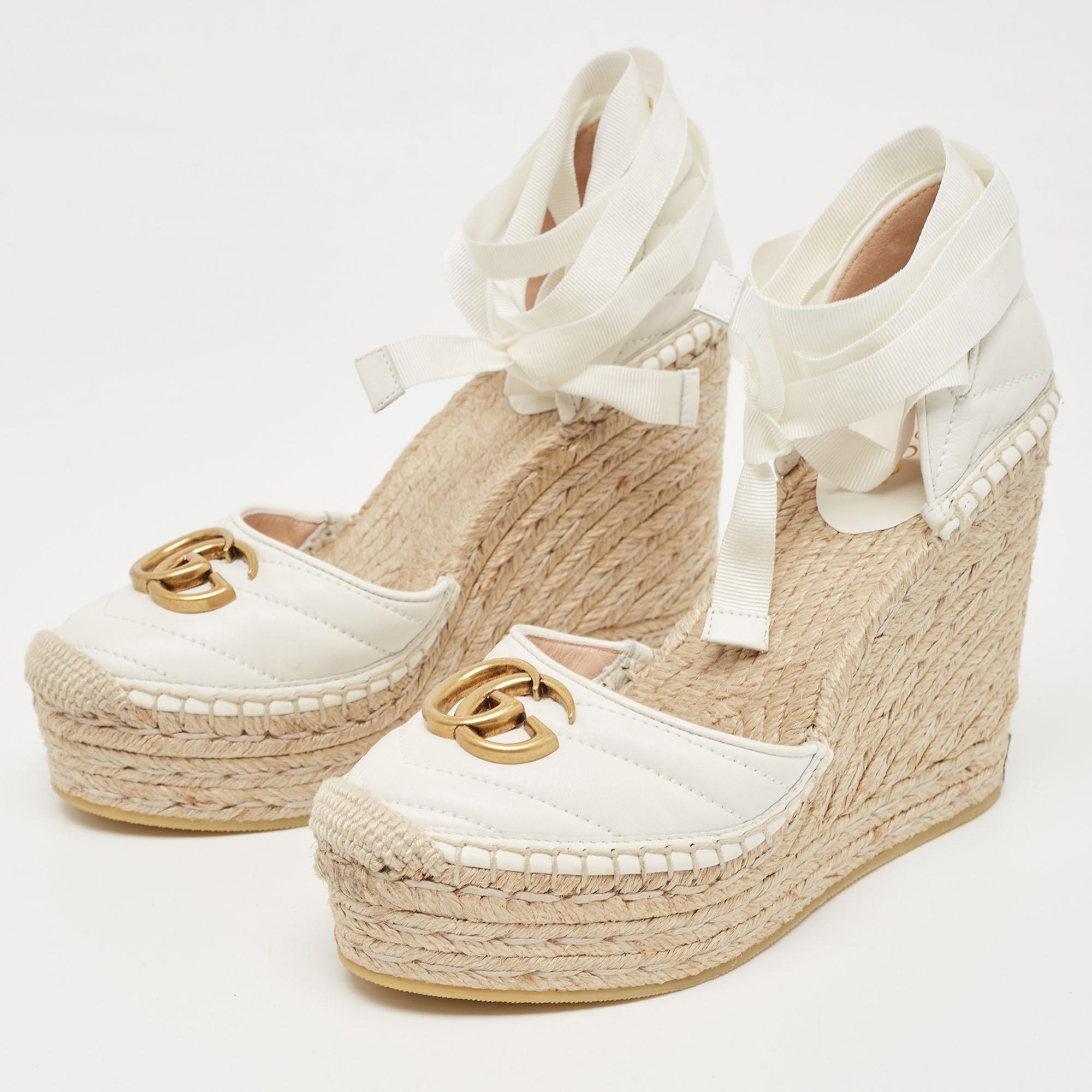 Gucci White Leather GG Marmont Wedge Sandals Size 37 4