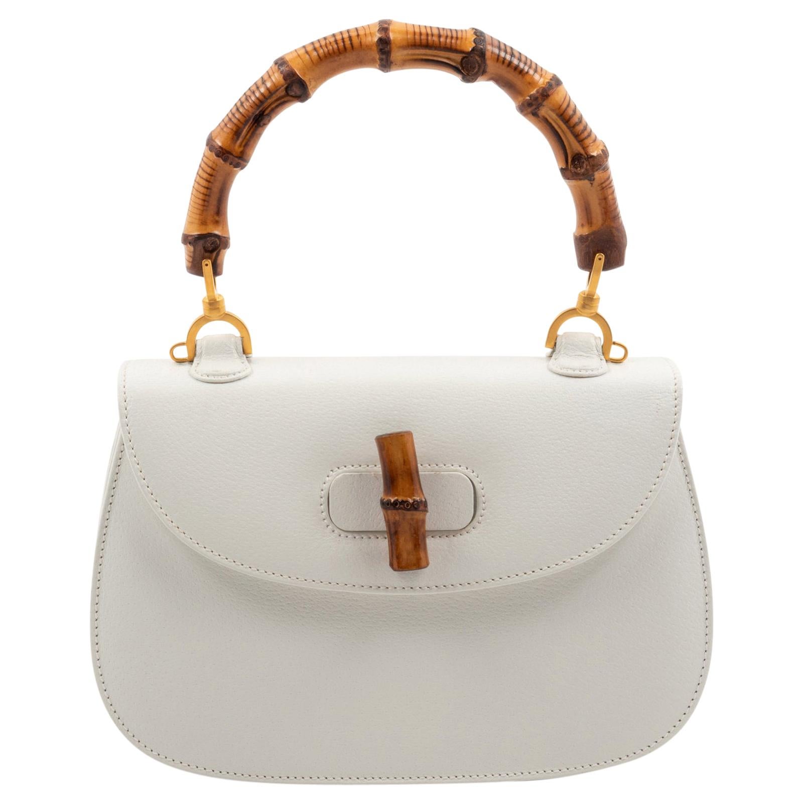 Gucci White Leather Handbag with Bamboo Handle