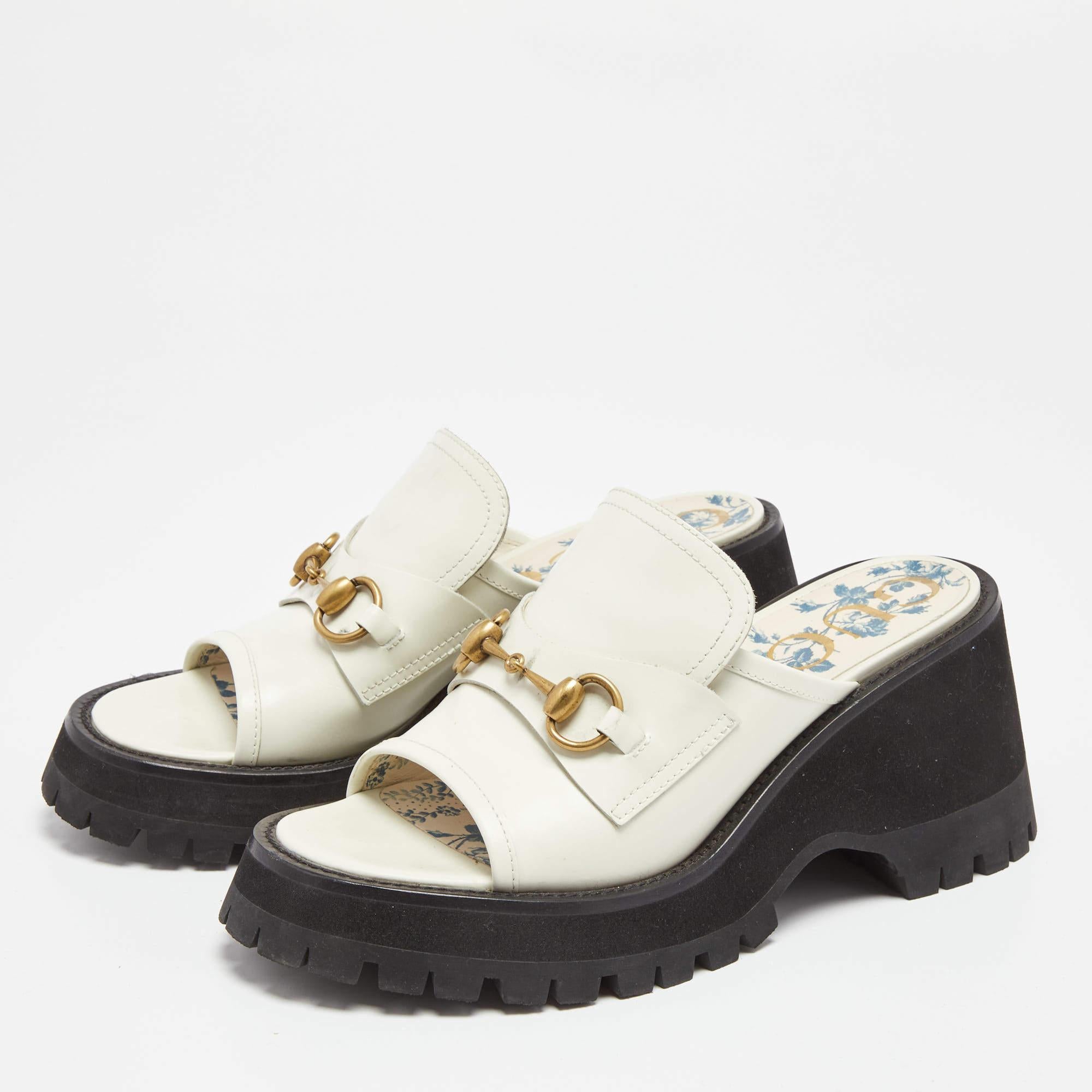 Women's Gucci White Leather Harald Horsebit Platform Slide Sandals Size 38.5