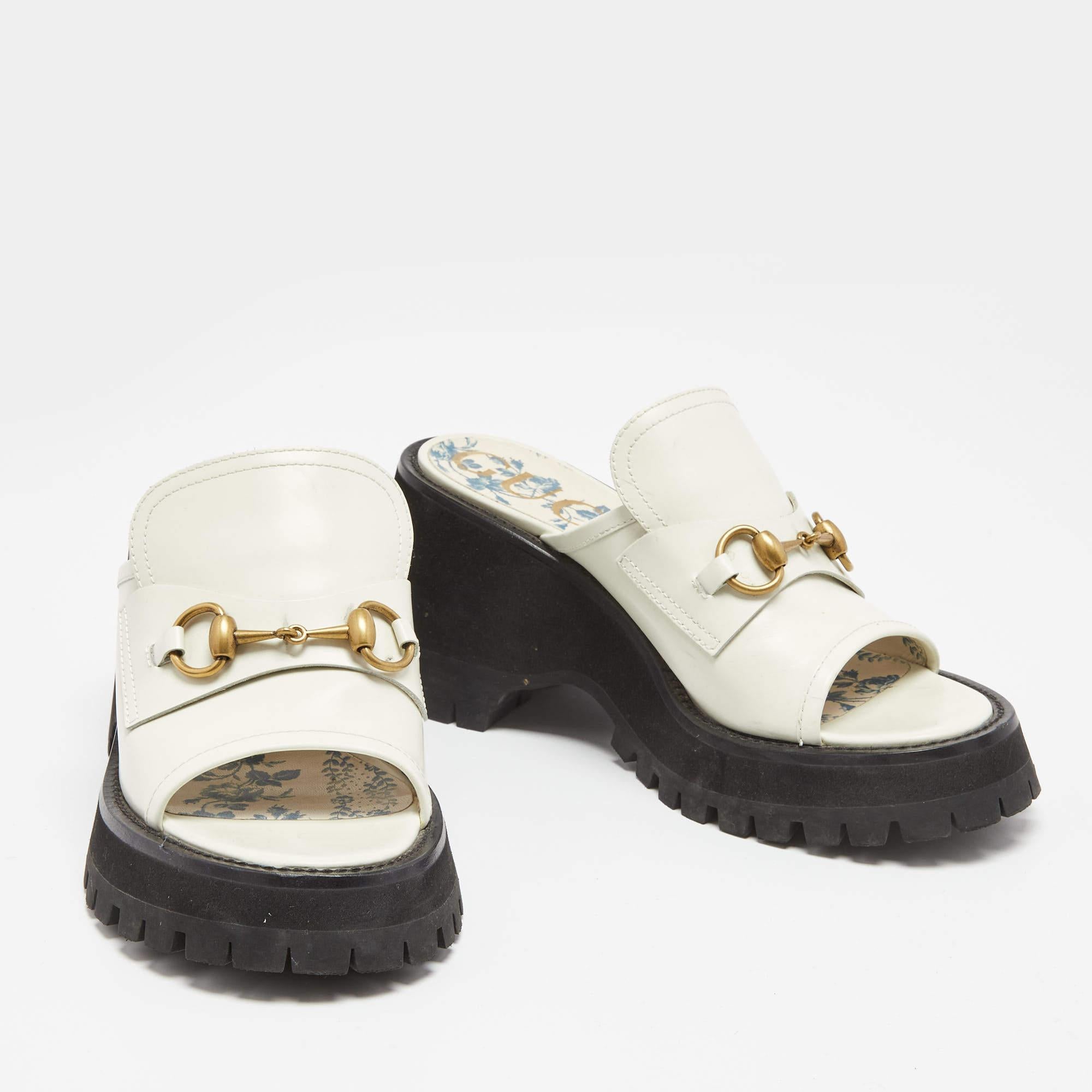 Gucci White Leather Harald Horsebit Platform Slide Sandals Size 38.5 1