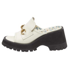 Gucci White Leather Harald Horsebit Platform Slide Sandals Size 38.5